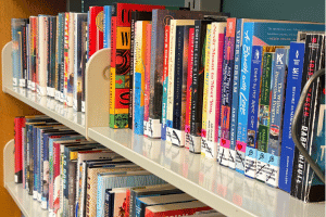 Books on shelves.